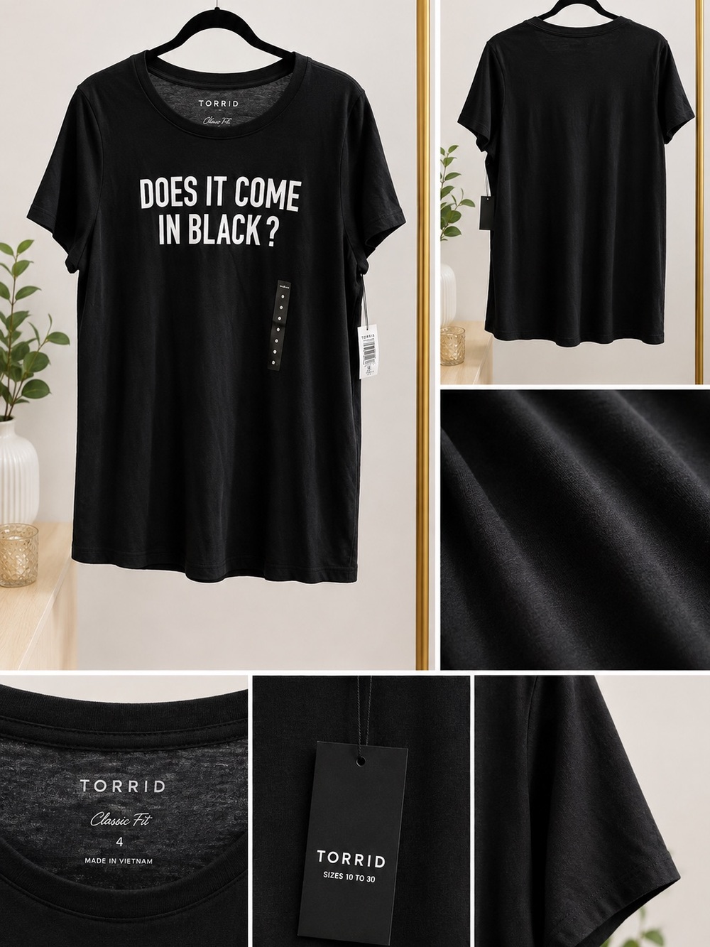 torrid Black Graphic Tee with White Text 'DOES IT COME IN BLACK?'